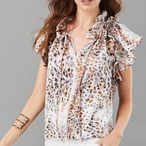 Lola & Sophie Animal Leopard Printed Ruffle Sleeve Top Silky Style #T1976 XS NEW